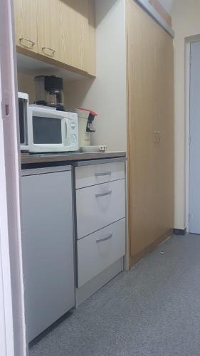 une cuisine avec un micro-ondes et un plan de travail dans l'établissement Appt 5p 5ème étage chez Locasoleil, à Saint-Étienne-en-Dévoluy