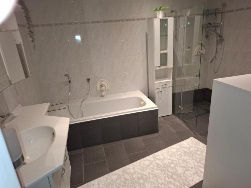 a bathroom with a tub and a sink and a shower at Ferienwohnung Weserperle in Nordenham