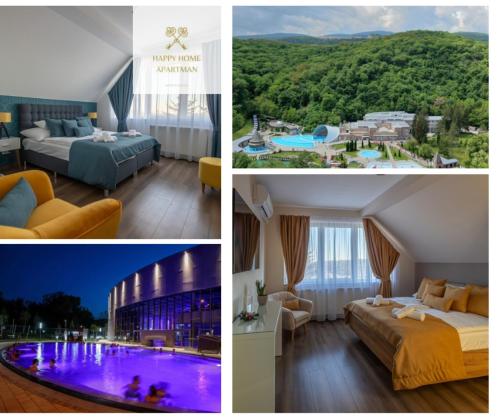 a collage of pictures of a hotel room with a pool at Happy Home Apartman in Miskolctapolca
