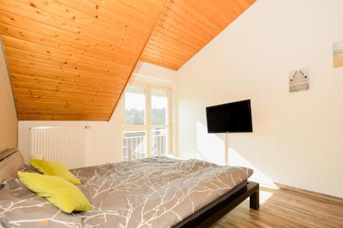 a bedroom with a bed and a flat screen tv at Haus Anna&Lisa in Lauchringen