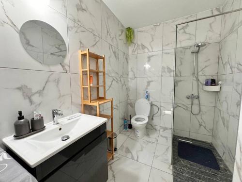 a bathroom with a sink and a shower and a toilet at Stay With Oleg 102A in Paralimni