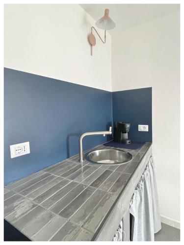 a kitchen with a sink and a blue wall at La casa in fontana in Cerdomare