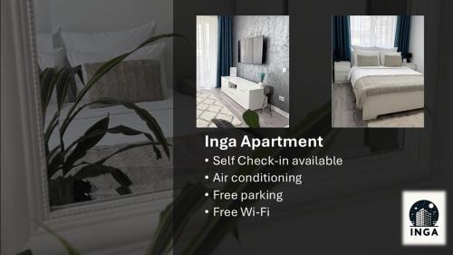 a collage of pictures of a room with a bed and a mirror at Inga Apartment in Turda