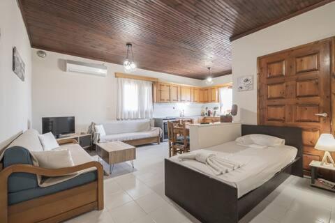 ein Wohnzimmer mit einem Bett und einer Küche in der Unterkunft Dimis Right House in Sozopoli