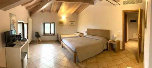 a bedroom with a bed and a flat screen tv at Agriturismo Riondel in Affi