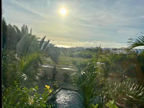 a view of a garden with palm trees and a river at Stunning 3-Bedroom Apartment with Private Rooftop Terrace & Gorgeous Pool in Flic-en-Flac
