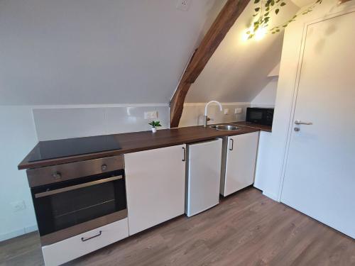 une cuisine avec des armoires blanches et un évier dans l'établissement Edera, à Saint-Aignan