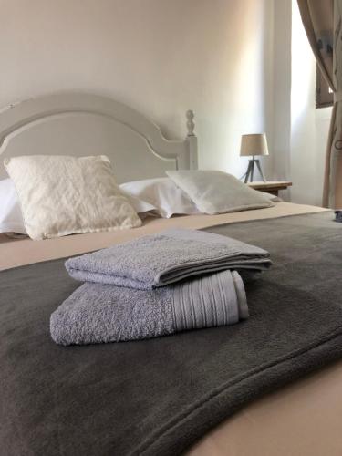 a bed with two pillows and a blanket on it at Maison de village chaleureuse Verfeil sur Seye 82 in Verfeil-sur-Seye