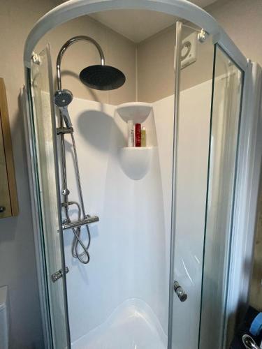 a shower with a glass door in a bathroom at Luxury lodge T11 in Hastings