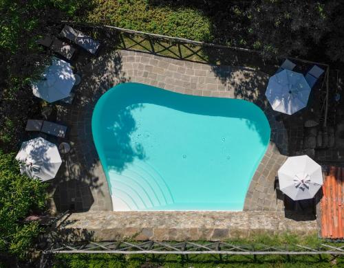 an overhead view of a swimming pool with umbrellas at Canto del Fiume in Ortignano Raggiolo