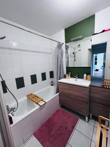 une salle de bain avec une baignoire et un lavabo dans l'établissement Appartement T3 avec grand balcon, à Bordeaux