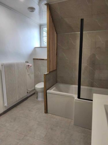 a bathroom with a bath tub and a toilet at La maison des Bretzels GÎTE jacuzzi et charme Alsacien in Pfaffenhoffen