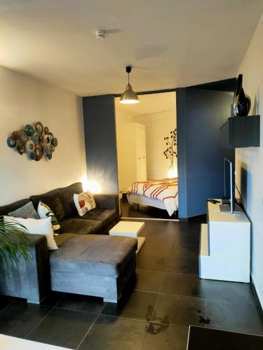 un salon avec un canapé et un lit dans l'établissement Tu Casa parking fibre optique Netflix, à Saint-Raphaël