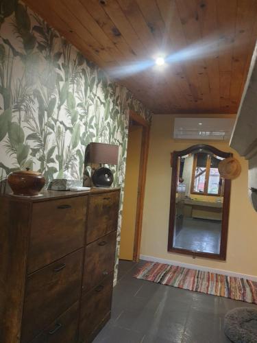 a room with a dresser and a mirror at La ferme de Tart in Verdonnet