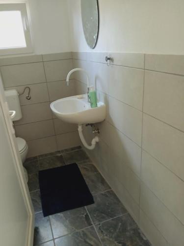 a bathroom with a sink and a mirror and a toilet at Log Cabins Jovicic in Bosanska Dubica