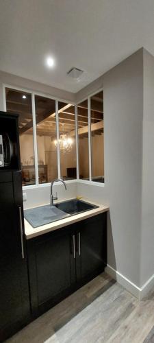 La cuisine est équipée d'un évier et d'un réfrigérateur noir. dans l'établissement Les gites de La Landrière à 3 min du Puy du Fou, à Saint-Malo-du-Bois