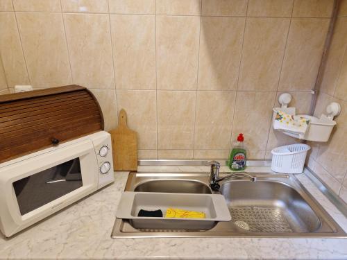 a kitchen counter with a sink and a microwave at Boglárka Apartmanház in Mezőkövesd