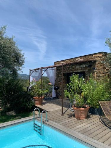 une piscine devant une maison avec un bâtiment dans l'établissement A Casetta Di Oletta, à Oletta