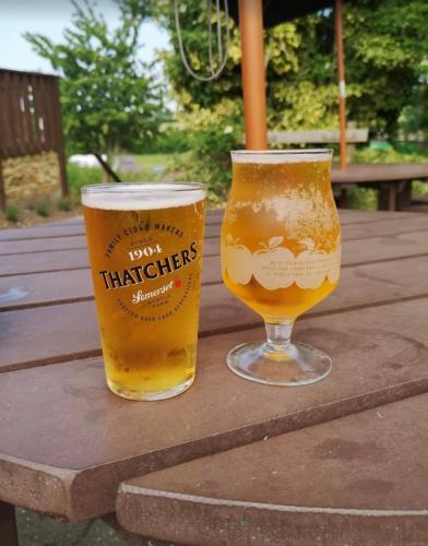 two glasses of beer sitting on a wooden table at Masons Arms in Montacute