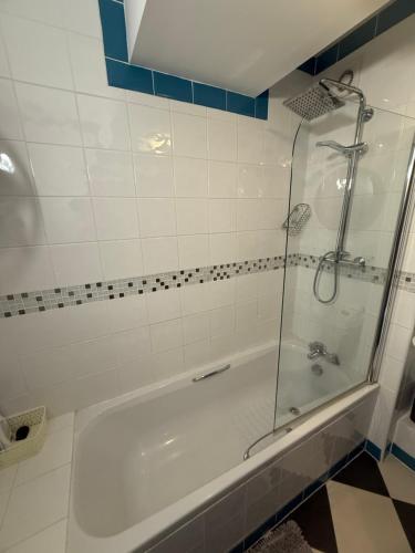 a bathroom with a tub and a glass shower at City Centre Modern 2 bedroom apartment in Perth
