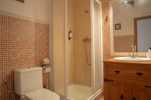 Un baño con inodoro, ducha y lavabo. en 'El Mirador de Sotillo', un Oasis de Confort con Piscina y Jacuzzis, en Sotillo de la Adrada