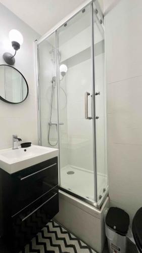 une salle de bain avec une douche en verre et un lavabo dans l'établissement L'atelier proche Paris Marne la Vallée avec Parking Gratuit, à Bussy-Saint-Georges