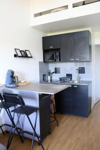 une cuisine avec des armoires noires et un comptoir dans l'établissement L'atelier proche Paris Marne la Vallée avec Parking Gratuit, à Bussy-Saint-Georges