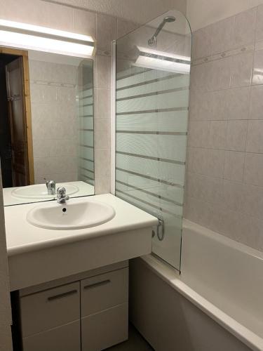 une salle de bain avec un lavabo et un miroir dans l'établissement Chalet L'alp Du Pontet - 4 pièces cabine 6 personnes exposé Sud-Ouest MAE-1391, à Valloire