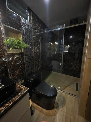 a bathroom with a shower with a toilet and a sink at Casa de Bris in Arequipa