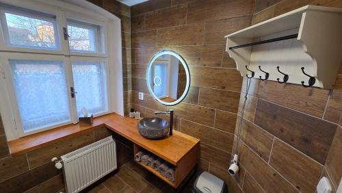 a bathroom with a sink and a mirror at Restaurant & Pension Liebenstein in Libá