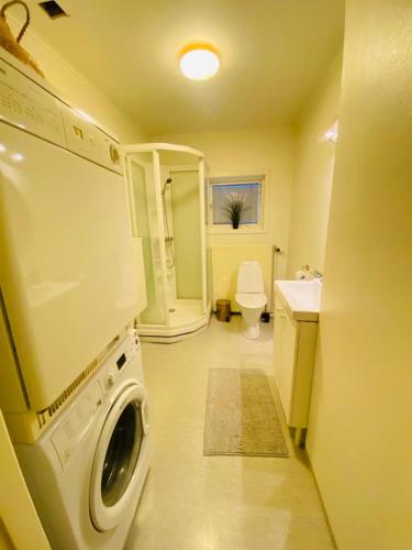 a bathroom with a washer and dryer in it at Noah Longstay Nygatan 36 in Skellefteå