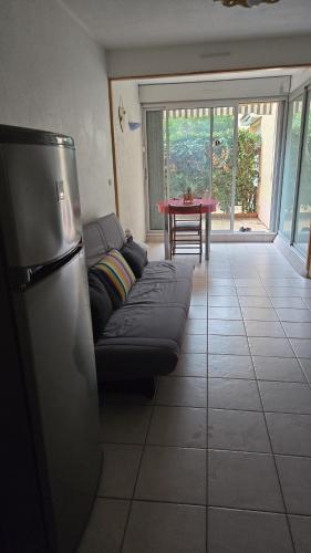 un salon avec un canapé et une table dans l'établissement Appartement Saint-cyprien plage, à Saint Cyprien Plage