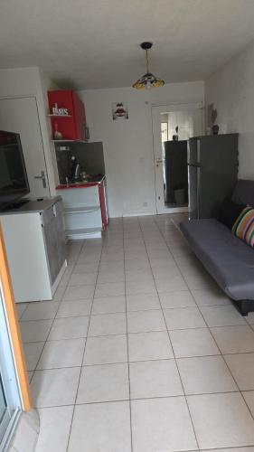 un salon avec un canapé et une cuisine dans l'établissement Appartement Saint-cyprien plage, à Saint Cyprien Plage