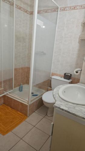 une salle de bain avec une douche, des toilettes et un lavabo dans l'établissement Appartement Saint-cyprien plage, à Saint Cyprien Plage