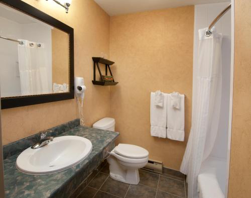 a bathroom with a sink and a toilet and a mirror at Maritime Inn Port Hawkesbury in Port Hawkesbury