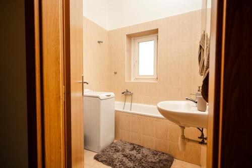 a bathroom with a sink and a toilet and a tub at Apartmán náměstí Františka Křižíka in Tábor