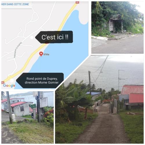 a collage of three pictures of a road with a sign at F2 familial - Vue imprenable sur la baie du Marin in Le Marin