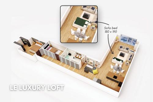 Aometrischer Blick auf ein Wohnzimmer Grundriss in der Unterkunft LE LUXURY LOFT - CENTER l DECEMBER MAR-KET l EUROPEAN PARLIAMENT l PARKING l NETFLIX - SPACIOUS & UNIQUE - LE LUXURY LOFT - CENTRE l MARCHÉ DE NOËL l PARLEMENT EUROPÉEN l PARKING l NETFLIX - SPACIEUX & UNIQUE in Straßburg