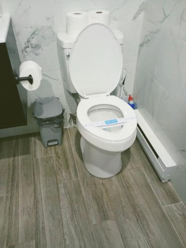 a bathroom with a toilet and a trash can at Cabin near kalahari,camelback Ski in Long Pond