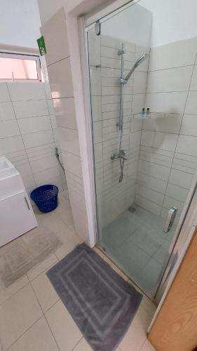 a shower with a glass door in a bathroom at Corail - Holiday apartment in Grande Gaube