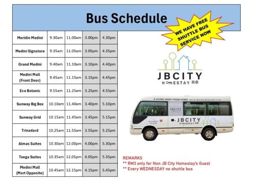 a bus schedule with a picture of a white bus at Pangsapuri Meridian by RR JBcity in Nusajaya