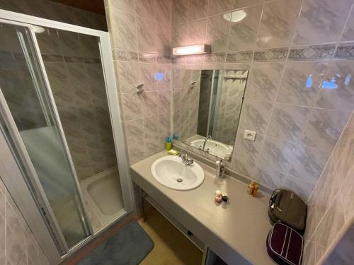 une salle de bain avec un lavabo et une douche dans l'établissement Duplex 39m², central à Cauterets, proche toutes commodités - FR-1-812-132, à Cauterets