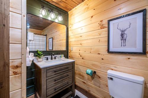 a bathroom with a sink and a deer picture on the wall at Cozy Mountaintop Cabin with Firepit, HotTub & Views! in Sevierville