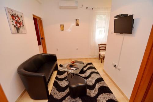 a living room with a black leather couch and a rug at Marinero Apartments in Kotor