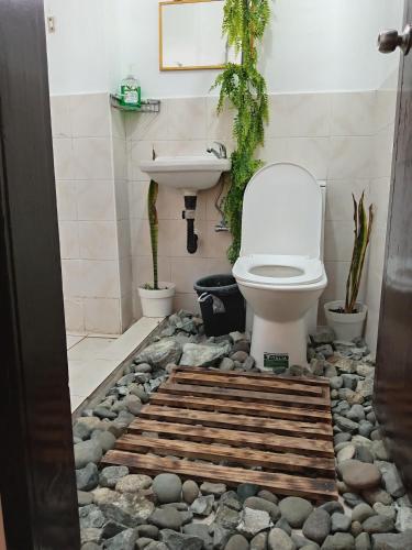 a bathroom with a toilet and a sink and rocks at Barnwood Homestay&cafe in Banaue
