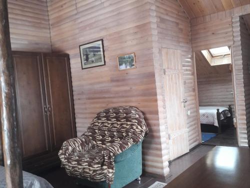 a room with a bed in a wooden wall at Argo Guest House in Karakol