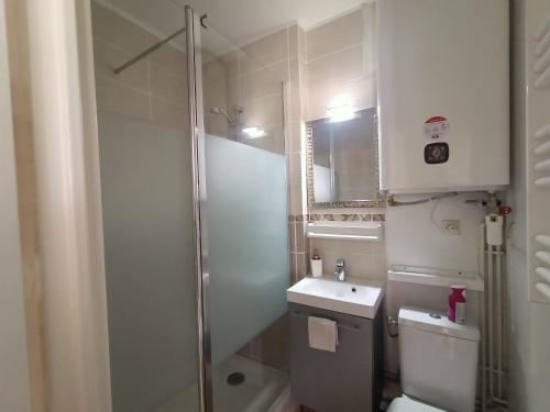 une salle de bain avec une douche, des toilettes et un lavabo dans l'établissement Beau T2 Climatisé avec Terrasse et Parking - FR-1-799-49, au Barcarès