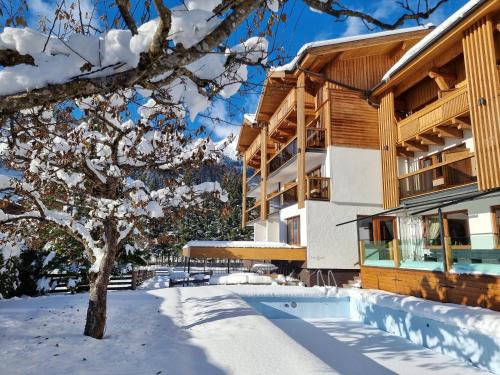 a building in the snow with a tree in the foreground at Hotel Alpina in Rauris