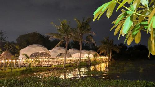 a row of domed tents in a field at night at Habivillage in Long Bình