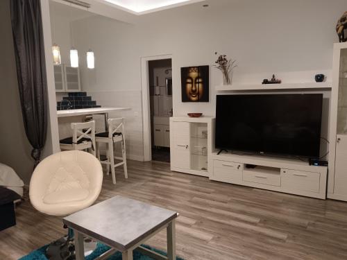 a living room with a flat screen tv on a entertainment center at My little paradise in Budapest